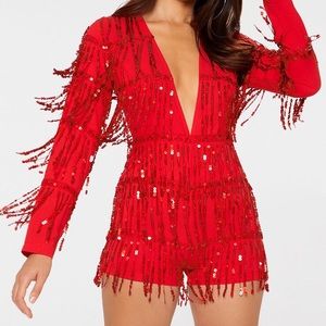 PLT Red Tassel Sequin Long Sleeve Romper